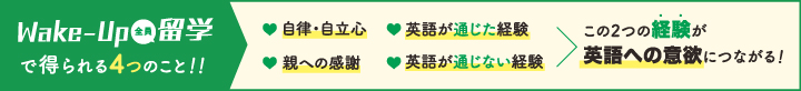 Wake-Up全員留学で得られる4つのこと！！●自律・自立心　●親への感謝　●英語が通じた経験●英語が通じない経験　→　この2つの経験が英語への意欲につながる！