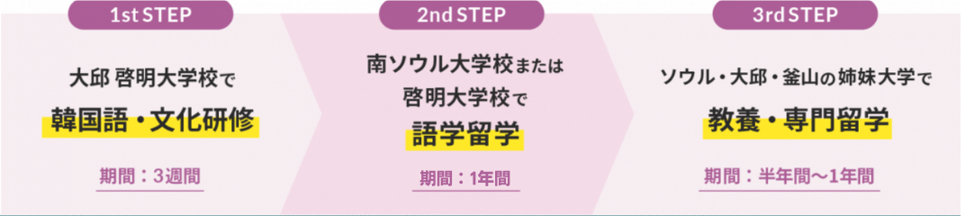 1st step ソウル 慶熙大学校で韓国語・文化研修(期間は3週間) 2nd step 南ソウル大学校または啓明大学校で語学留学(期間は半年間) 3rd step ソウル・大邱・釜山の姉妹大学で 教養・専門留学(期間は半年〜1年間)