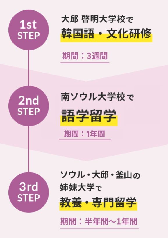 1st step ソウル 慶熙大学校で韓国語・文化研修(期間は3週間) 2nd step 南ソウル大学校または啓明大学校で語学留学(期間は半年間) 3rd step ソウル・大邱・釜山の姉妹大学で 教養・専門留学(期間は半年〜1年間)