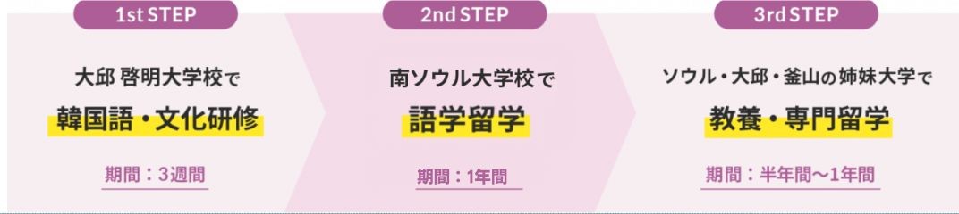 1st step ソウル 慶熙大学校で韓国語・文化研修(期間は3週間) 2nd step 南ソウル大学校または啓明大学校で語学留学(期間は半年間) 3rd step ソウル・大邱・釜山の姉妹大学で 教養・専門留学(期間は半年〜1年間)