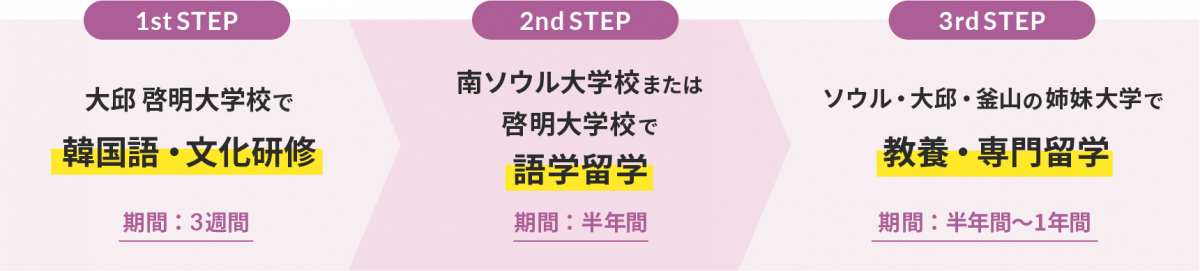 1st step ソウル 慶熙大学校で韓国語・文化研修(期間は3週間) 2nd step 南ソウル大学校または啓明大学校で語学留学(期間は半年間) 3rd step ソウル・大邱・釜山の姉妹大学で 教養・専門留学(期間は半年〜1年間)