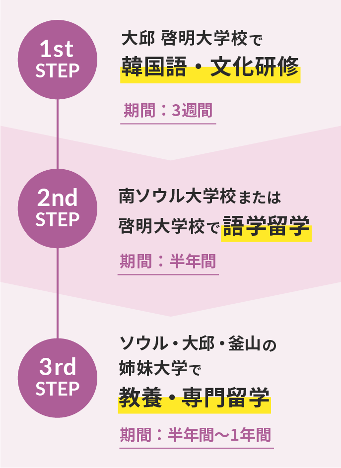 1st step ソウル 慶熙大学校で韓国語・文化研修(期間は3週間) 2nd step 南ソウル大学校または啓明大学校で語学留学(期間は半年間) 3rd step ソウル・大邱・釜山の姉妹大学で 教養・専門留学(期間は半年〜1年間)