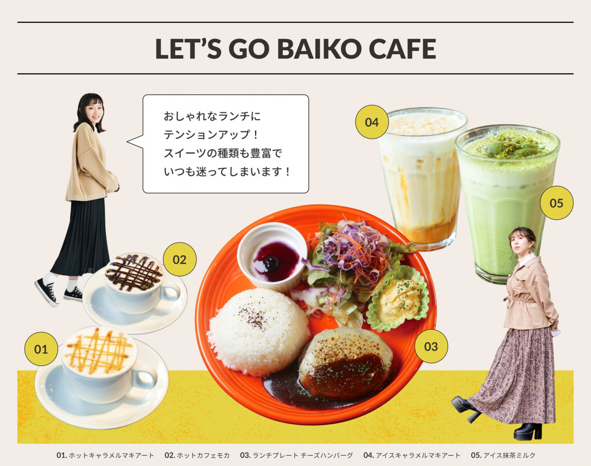 LET'S GO BAIKO CAFE おしゃれなランチにテンションアップ！スイーツの種類も豊富でいつも迷ってしまいます！01.ホットキャラメルマキアート 02.ホットカフェモカ 03.ランチプレート チーズハンバーグ 04.アイスキャラメルマキアート 05.アイス抹茶ミルク